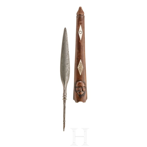 An Indonesian spearhead with bone-inlaid scabbard, 19th century