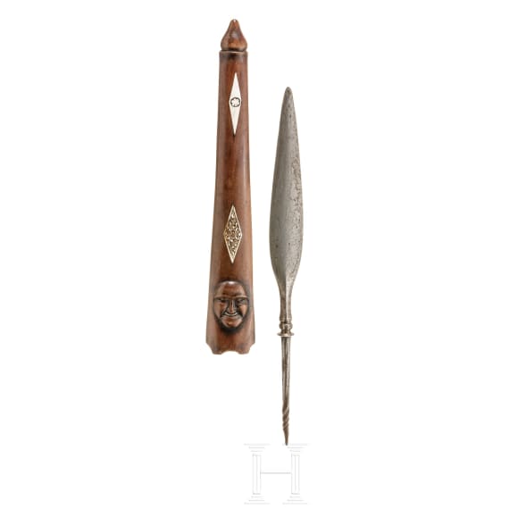 An Indonesian spearhead with bone-inlaid scabbard, 19th century
