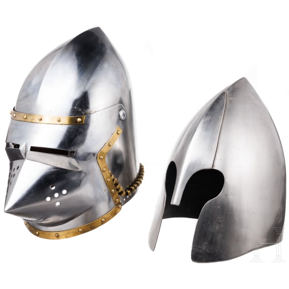 Two helmets, modern collector's replicas in the style of the 14th and 15th century