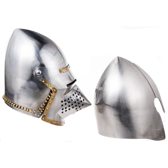 Two helmets, modern collector's replicas in the style of the 14th and 15th century