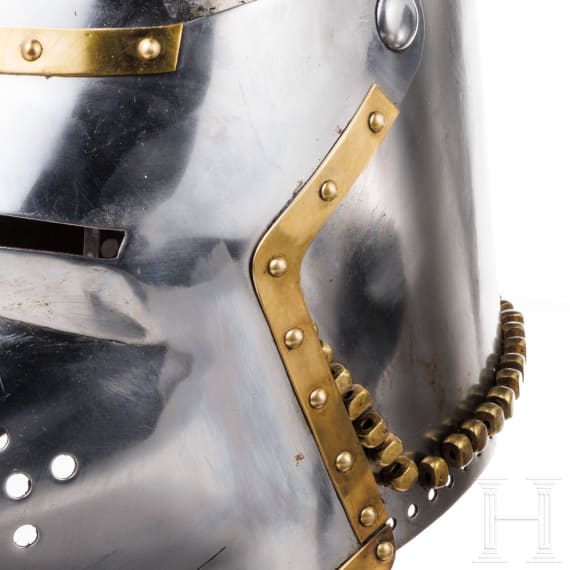 Two helmets, modern collector's replicas in the style of the 14th and 15th century