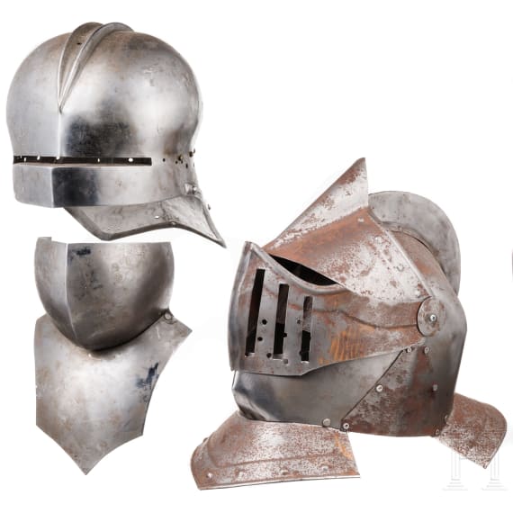 Two helmets, modern collector's replicas in the style of the 15th and 16th century