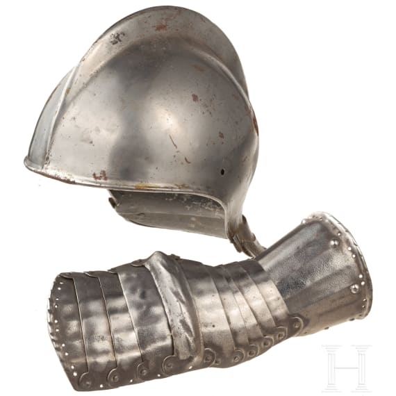 A part of a helmet and a gauntlet, historicism in the style of the 16th century