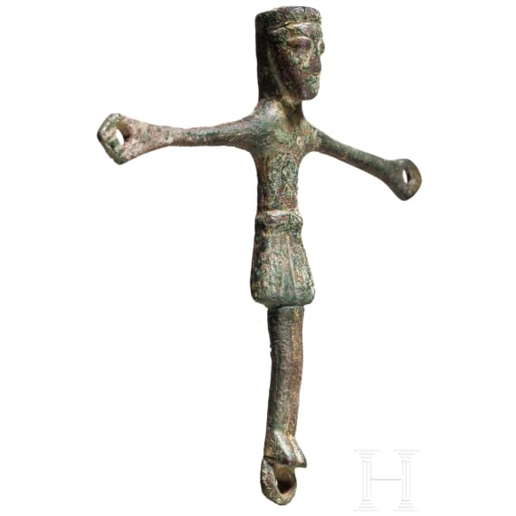 Corpus Christi aus Bronze von einem kleinen romanischen Kruzifix, 11. - 12. Jhdt.