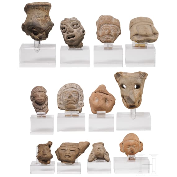 15 Tonköpfe, präkolumbisch, verschiedene Kulturen, 10. - 15. Jhdt.n. Chr.