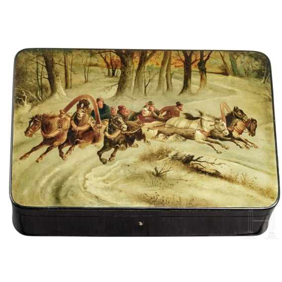 Sehr große Lackdose (Schatulle) mit Troika, Russland, Werkstatt Osip F. Wischnjakow mit Söhnen, 1887 - 1896