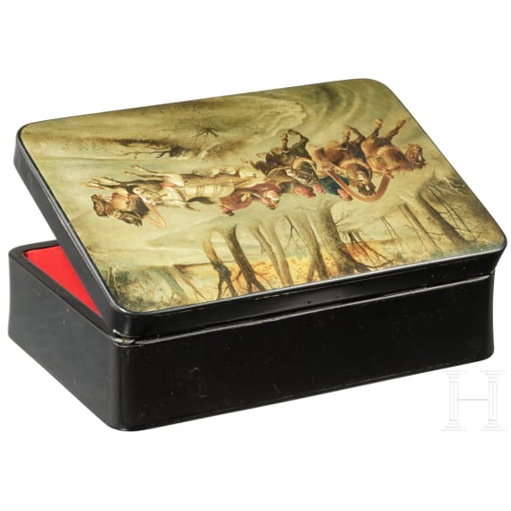 Sehr große Lackdose (Schatulle) mit Troika, Russland, Werkstatt Osip F. Wischnjakow mit Söhnen, 1887 - 1896