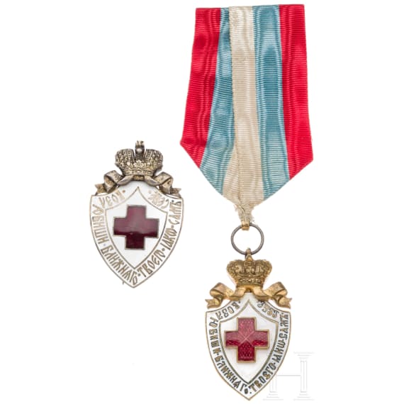 Two badges of the Russian Red Cross Society, circa 1900