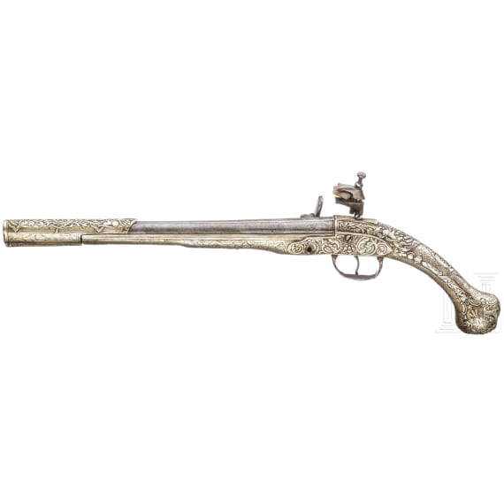 Silbergeschäftete Miquelet-Pistole, balkantürkisch/Albanien, um 1850