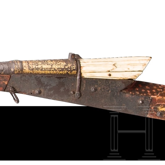 Goldtauschiertes Luntenschlossgewehr mit bemaltem Holzschaft, Indien, um 1800
