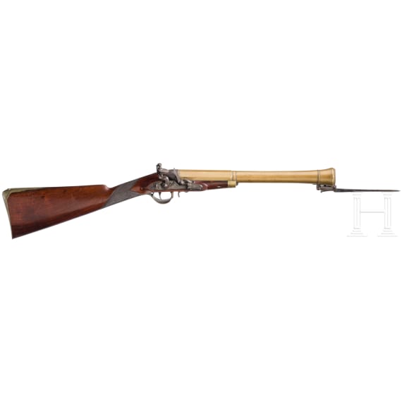 A blunderbuss with spring-loaded bayonet by J. Dawkes in Birmingham, ca. 1800