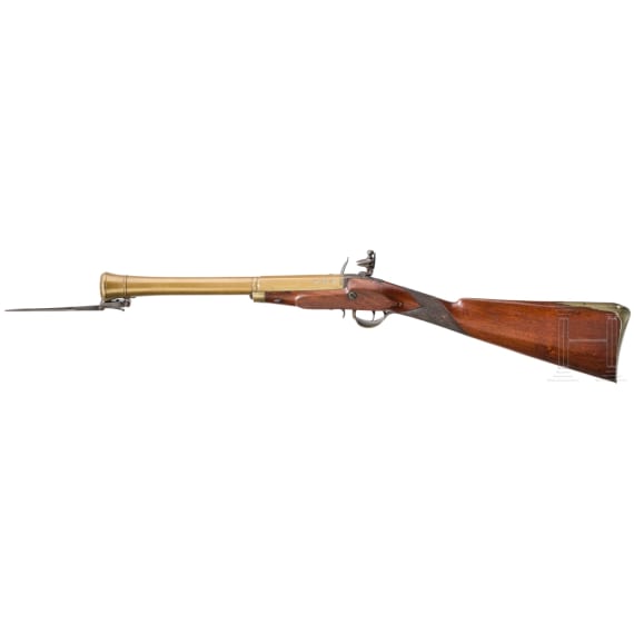 A blunderbuss with spring-loaded bayonet by J. Dawkes in Birmingham, ca. 1800