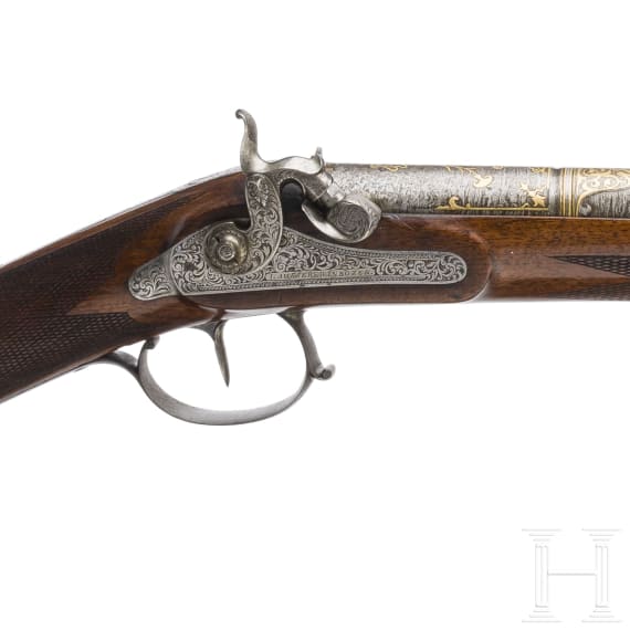 An Austrian percussion gun with an Oriental barrel by I. Ausserer in Bolzano, circa 1840