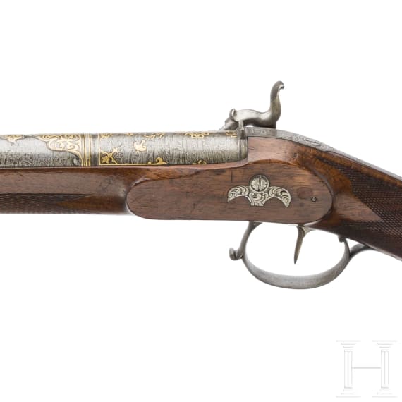 An Austrian percussion gun with an Oriental barrel by I. Ausserer in Bolzano, circa 1840