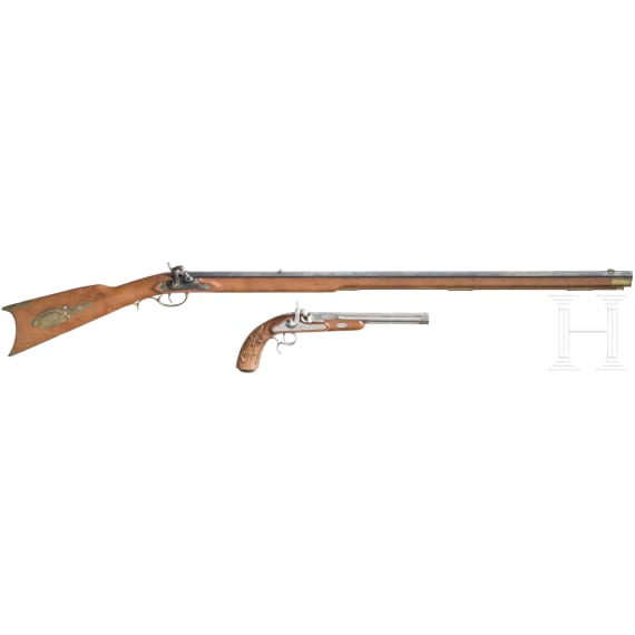 A percussion pistol and rifle, Italian replicas