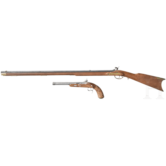 A percussion pistol and rifle, Italian replicas