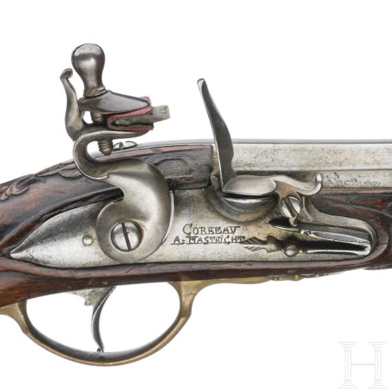 A flintlock pistol by Corbeau in Maastricht, circa 1750