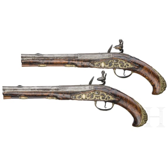 A pair of flintlock pistols by Devillers in Liege, circa 1750