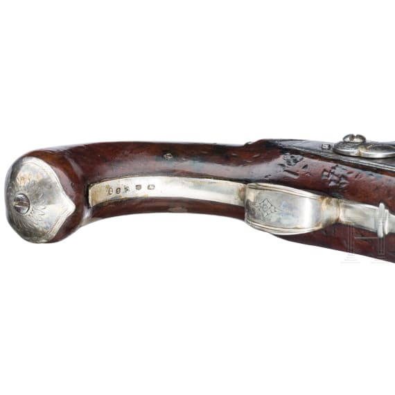 A cased pair of percussion pistols with brass barrels by Bennett in London, circa 1790