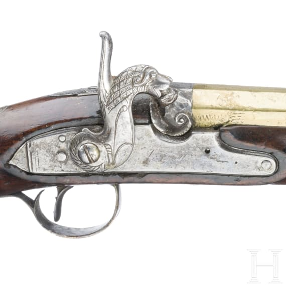 A cased pair of percussion pistols with brass barrels by Bennett in London, circa 1790