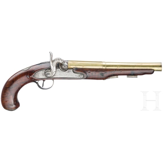 A cased pair of percussion pistols with brass barrels by Bennett in London, circa 1790