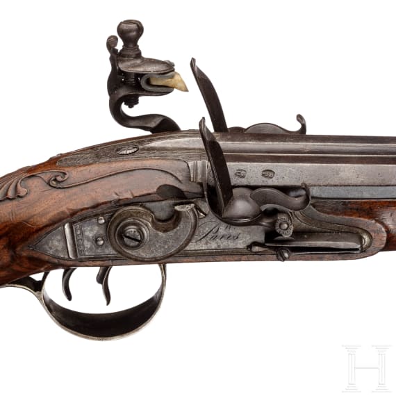 A side-by-side flintlock pistol by W. Paris, Derby, circa 1795