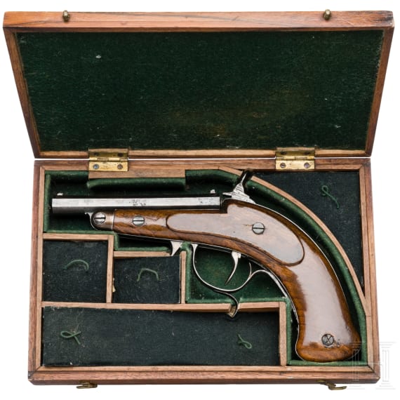 A German cased percussion pistol for indoor shooting, circa 1850