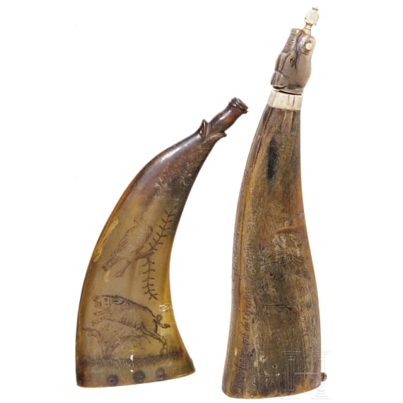 Two German powder flasks, 18th century