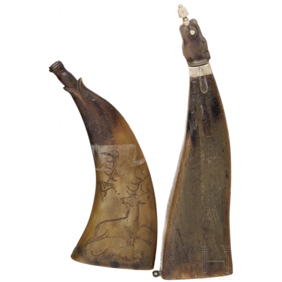 Two German powder flasks, 18th century
