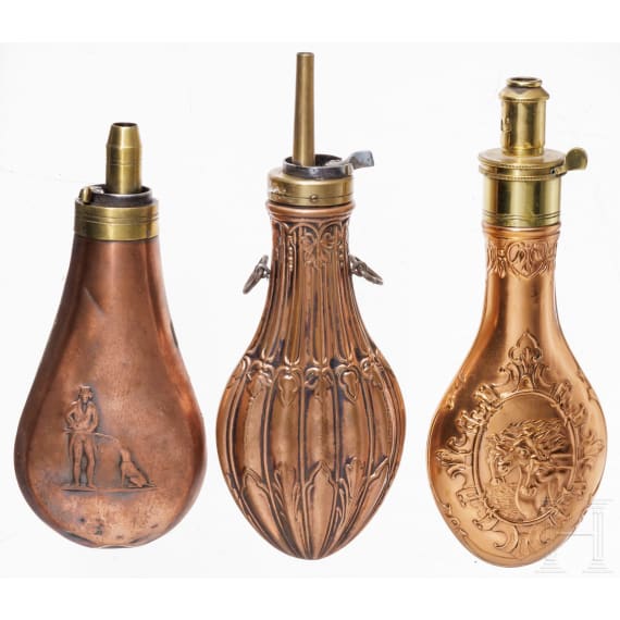 Three British powder flasks, circa 1850