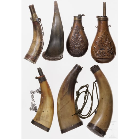 A small collection of European and Asian powder flasks, 19th century