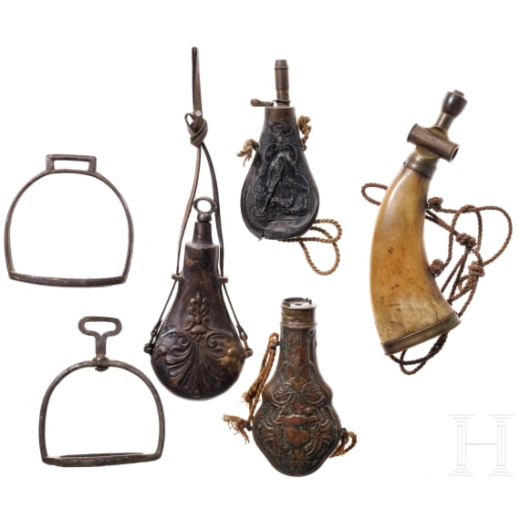 A small collection of German powder flasks and hunting items, 19th/20th century