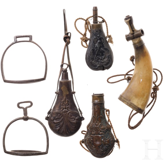 A small collection of German powder flasks and hunting items, 19th/20th century
