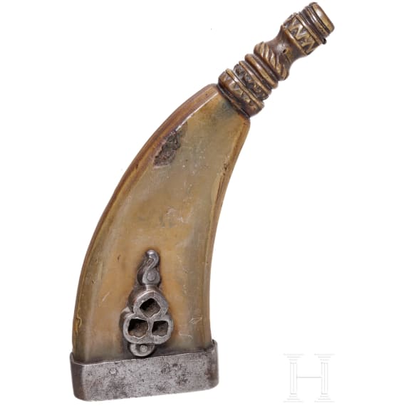 A German powder flask with wheellock spanner, 18th century