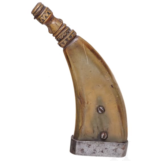 A German powder flask with wheellock spanner, 18th century
