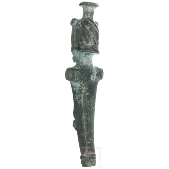 Bronzene Miniaturherme mit Serapiskopf, römisch, 2. - 3. Jhdt.