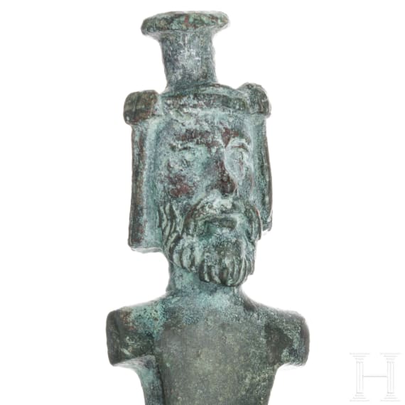 Bronzene Miniaturherme mit Serapiskopf, römisch, 2. - 3. Jhdt.