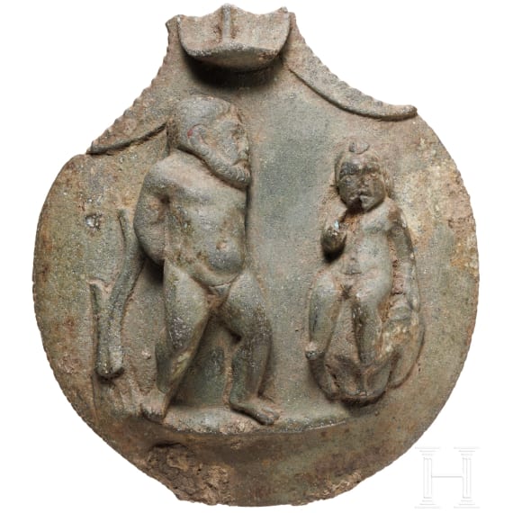 Attasche eines Kannenhenkels mit Herkulesdarstellung, römisch, 2. - 3. Jhdt.