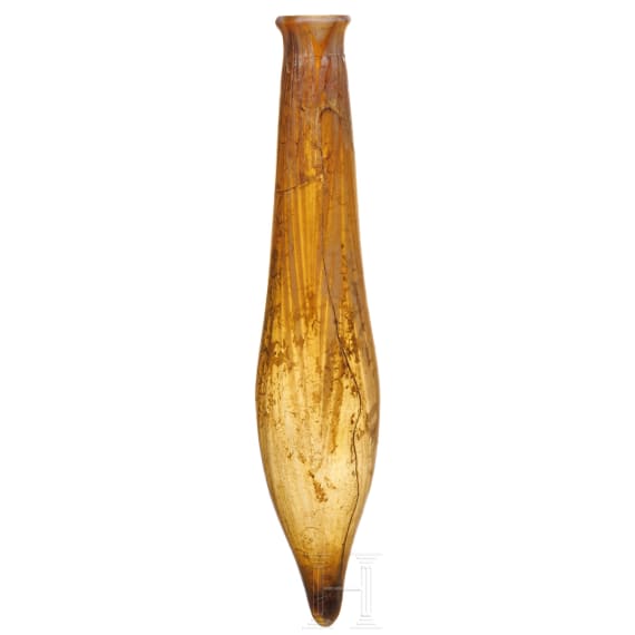 Großes Unguentarium aus honigfarbenem Glas mit weißen Streifen, römisch, 1. Jhdt. n. Chr.