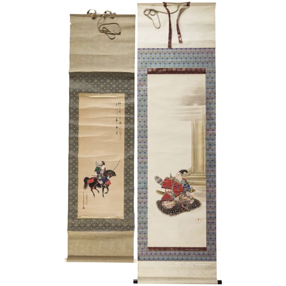 Zwei japanische Kakemono-Rollbilder mit Samurais, Edo-/Meiji-Zeit