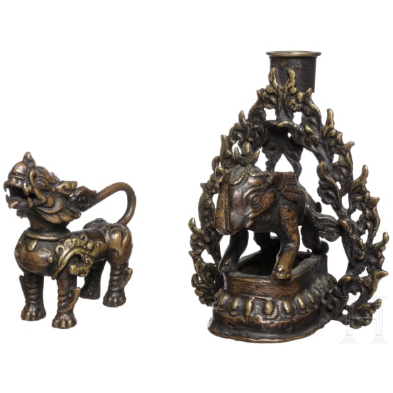 A Thai bronze candlestick and animal figurine, 1st half of the 20th century