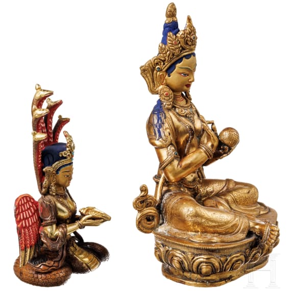 Two Nepalese fire-gilded bronze statues, 20th century