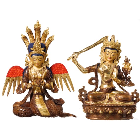 Two Nepalese bronze figures, Naga Kanya and Manjushri, 20th century