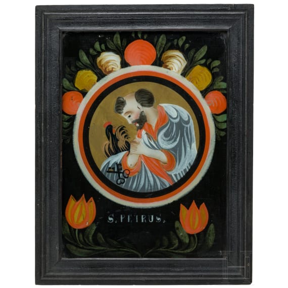 A German reverse glass painting (icon) showing Apostle Peter, Black Forest, 19th century