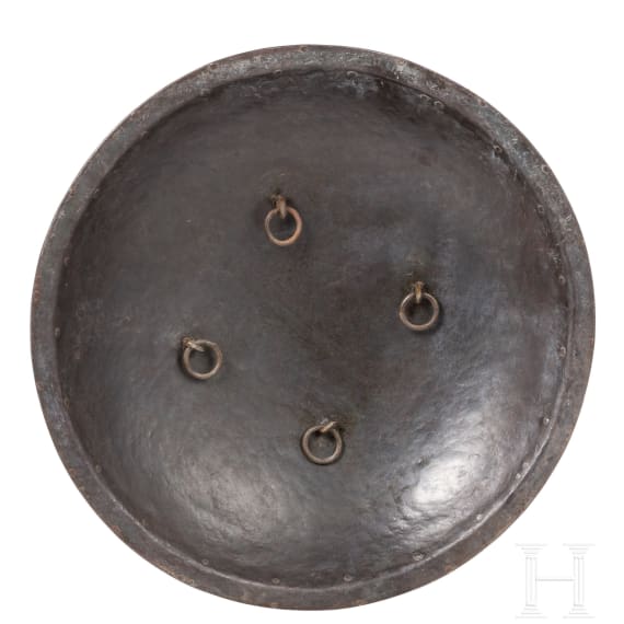 Silber- und goldtauschierter Helm und Schild, Nordindien (Lahore), 1. H&auml;lfte 19. Jhdt.