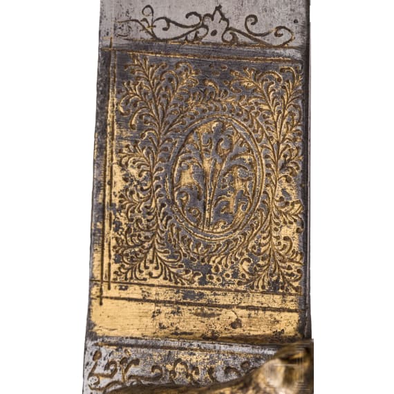 Gro&szlig;es jagdliches Messer mit feuervergoldetem L&ouml;wengriff, Venedig, um 1600