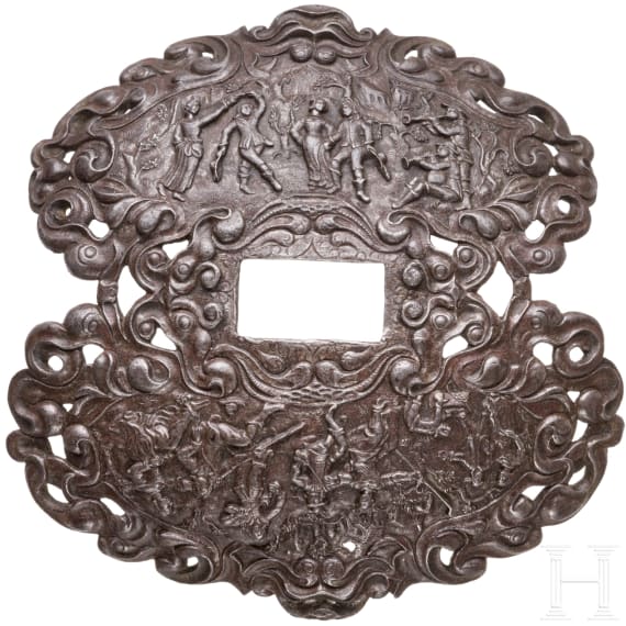 Bedeutende sechsteilige Degenmontierung mit feinem Eisenschnitt, deutsch oder fl&auml;misch, um 1660
