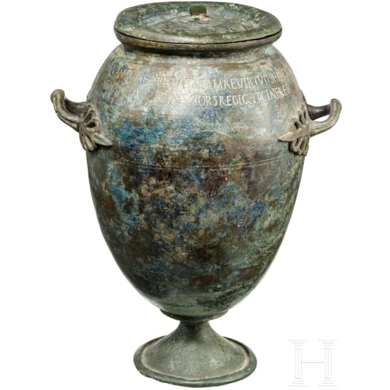Bronzeurne mit kalligraphisch ausgefeiltem Epigramm, r&ouml;misch, 1. - 2. Jhdt.