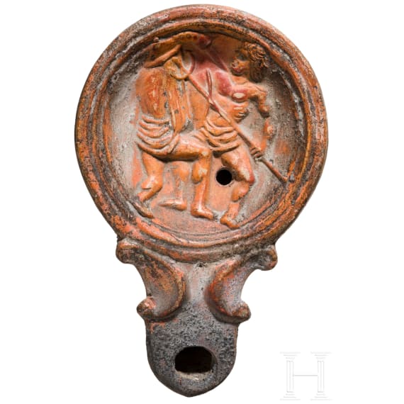 &Ouml;llampe mit Gladiatorenszene, r&ouml;misch, 1. - 2. Jhdt. n. Chr.