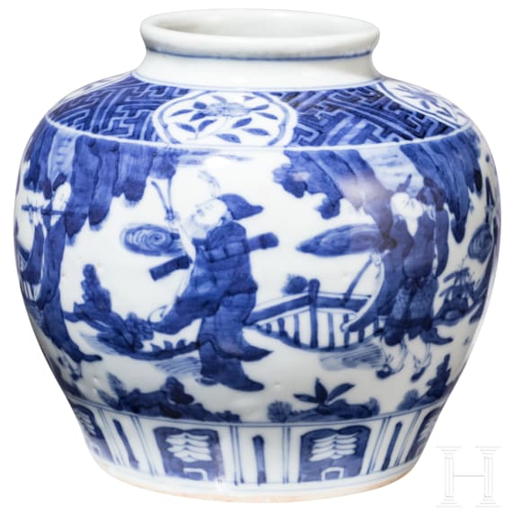 Blau-wei&szlig;e Vase mit fig&uuml;rlicher Szene mit Wanli-Sechszeichenmarke, China, wahrscheinlich aus dieser Zeit (1572 - 1620)